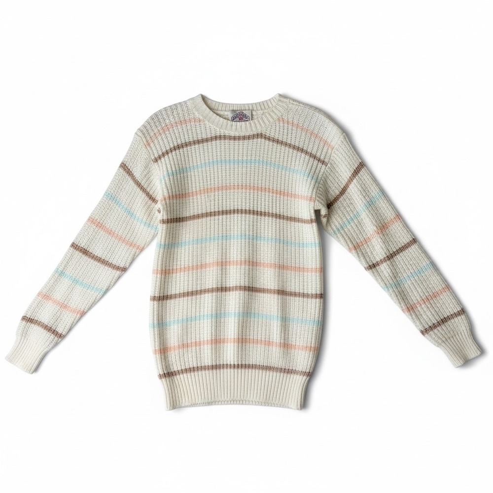 Vintage Helium 1980's Retro Striped Crew Neck Sweater Cream Pastel Women Size L